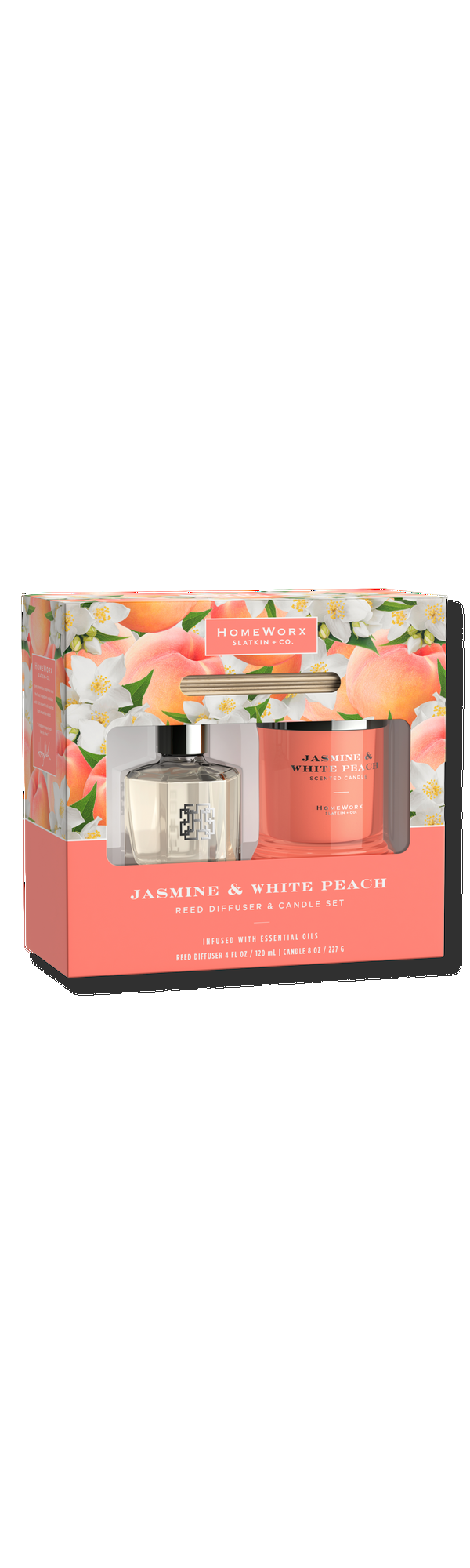 Ulta HomeWorx  Jasmine & White Peach Candle and Reed Stick Diffuser Gift Set